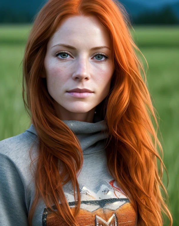 masterpiece, best quality, cinematic photo, hyperrealistic realistic photo portrait facial close up of an athletic redhead natural orange ginger colored medium length straight flowing Wavy hair, captivating eyes, pale skin, Lots of freckles, slightly smiling, forty four year old sexy milf woman, showing some signs of age, some wrinkles, age spots, wearing a cute sweatshirt, on a deserted field near Nelson british columbia canada in the fall time, shallow depth of field, film grainy, nikon dslr, crisp, cinematic, epic details, volumetric light, realism filter, 8k, cinematic composition, photorealistic, sharp focus), elaborate background, cinematic, rule of thirds, backlight, film grain, intricate details, volumetric lighting,