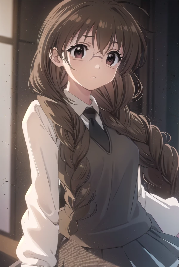 koiuichigusa, <lora:koi ui chigusa s1-lora-nochekaiser:1>,
koi ui chigusa, brown hair, (brown eyes:1.5), glasses, braid, hair braid, single braid, hair over shoulder,
BREAK skirt, school uniform, necktie, sweater vest,
BREAK indoors,
BREAK looking at viewer, (cowboy shot:1.5)
BREAK <lyco:GoodHands-beta2:1>, (masterpiece:1.2), best quality, high resolution, unity 8k wallpaper, (illustration:0.8), (beautiful detailed eyes:1.6), extremely detailed face, perfect lighting, extremely detailed CG, (perfect hands, perfect anatomy),