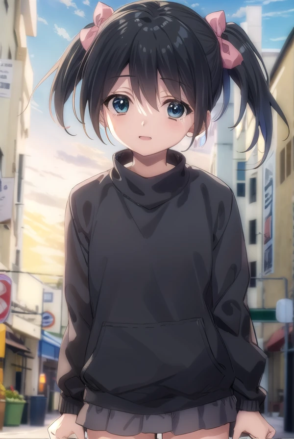 itaruitou, <lora:itaru itou-lora-nochekaiser:1>,
itaru itou, short hair, black hair, bow, ribbon, twintails, hair bow, (black eyes:1.3), short twintails, smile, open mouth,
BREAK long sleeves, sweater,
BREAK indoors,
BREAK looking at viewer, (cowboy shot:1.5),
BREAK <lyco:GoodHands-beta2:1>, (masterpiece:1.2), best quality, high resolution, unity 8k wallpaper, (illustration:0.8), (beautiful detailed eyes:1.6), extremely detailed face, perfect lighting, extremely detailed CG, (perfect hands, perfect anatomy),