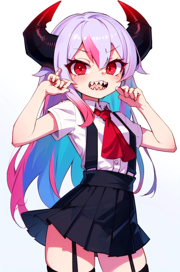 (best quality, masterpiece, hires), <lora:Arco_-_Marco_and_the_Galaxy_Dragon:0.8>, Arco, 1girl, lilac hair, dip dye, multicolored hair, red eyes, horns, toon, skirt, suspender skirt, ascot, red ascot, sharp teeth, headshot