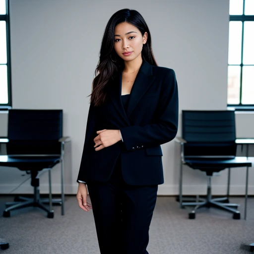 business photo of full body shot of a portrait of chanel_uzi, pants, black attire <lora:chanel_uzi:1>. Whole outfit, clear, sharp, balanced. Professional attire, workplace setting, confident<lora:lcm-lora-sd15:1.0>