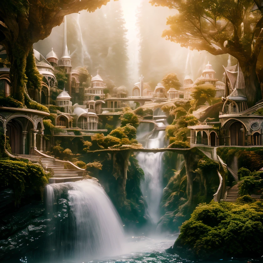 (masterpiece:1.2), (best quality,:1.2), 8k, HDR, ultra detailed, ((photorealistic)), professional light, cinematic lighting, fashion photography, ambient lighting, atmospheric effects, a highly detailed magical HighElf fantasy city, waterfall, forest, walls, <lora:HighElf-10:1>, epiCPhoto