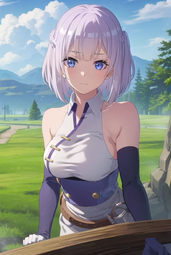 farmingisekaihakuren, <lora:farming isekai hakuren s1-lora-nochekaiser:1>,
hakuren, short hair, (purple eyes:1.1), braid, grey hair,
BREAK gloves, bare shoulders, sleeveless, black gloves, elbow gloves, chinese clothes,
BREAK outdoors, farm, crops, plants, trees, grass, sun, sky, clouds,
BREAK looking at viewer, (cowboy shot:1.5)
BREAK <lyco:GoodHands-beta2:1>, (masterpiece:1.2), best quality, high resolution, unity 8k wallpaper, (illustration:0.8), (beautiful detailed eyes:1.6), extremely detailed face, perfect lighting, extremely detailed CG, (perfect hands, perfect anatomy),