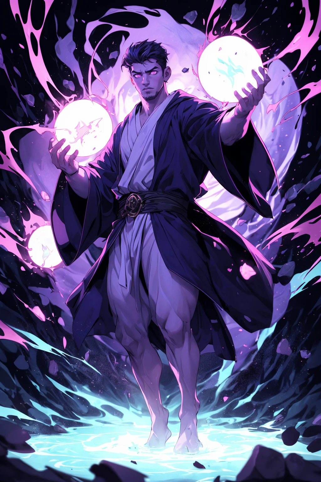 (best quality, masterpiece, detailed, absurdres:1.1), dynamic background, shallow dof, bokeh, a handsome man, slender male, handsome, human, purple eyes, conjuring a portal, purple magic, swirling magic, flowing robes, floating debris, glowing veins, glowing eyes, energy overload