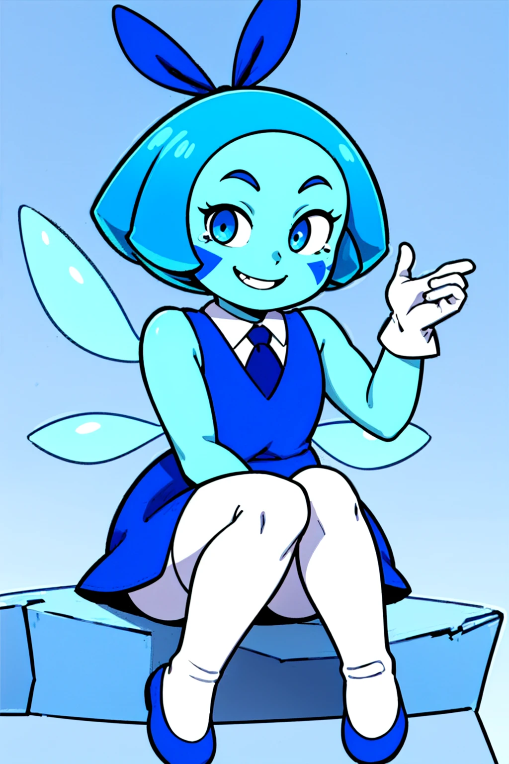 < aquam, blue hair, teardrop facial mark, 1girl, solo, hair bow, blue skin, sleeveless, white gloves, blue skirt, cirno, blue eyes, smile, wings, looking at viewer, short hair, blue footwear <lora:aquamarine4:0.75>