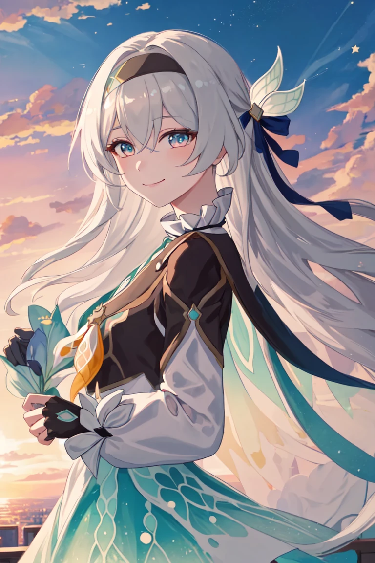 best quality, masterpiece, highres, <lora:fireflysd15:1>ï¼firefly \(honkai: star rail\), 1girl, solo, long hair, looking at viewer, smile, closed mouth, bangs, sky, black hairband, outdoors, hair between eyes, hair ornament, white hair, long sleeves, sunset, cloud, elbow gloves, white dress