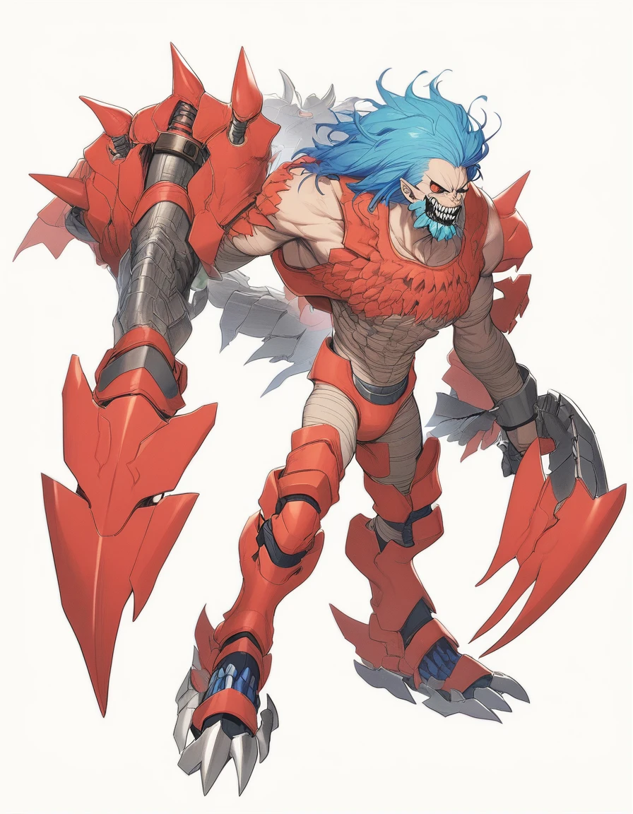 1boy,red clothes,blue hair,phyrexian,large metal jaws,arm cannon,full body,simple background, <lora:PhyrexiaStyleXL:0.4>