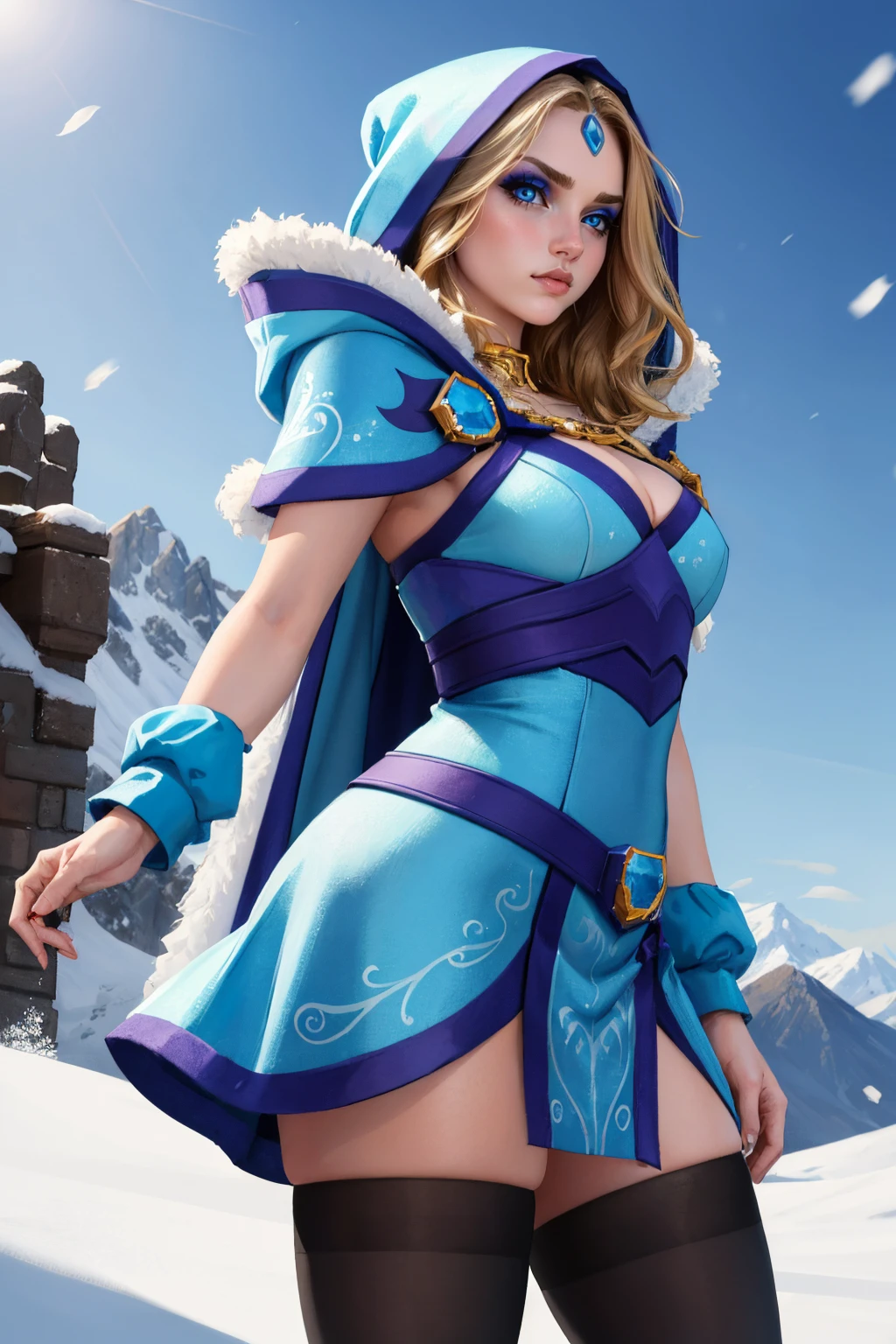 (masterpiece, best quality:1.2), solo, 1girl, crystalmaiden, makeup, serious, looking at viewer, standing, blue dress, hood, fur trim, blue cape, pelvic curtain, arm warmers, black thighhighs, jewelry, cleavage, outdoors, snowing, mountain <lora:dota2_crystalmaiden:1>