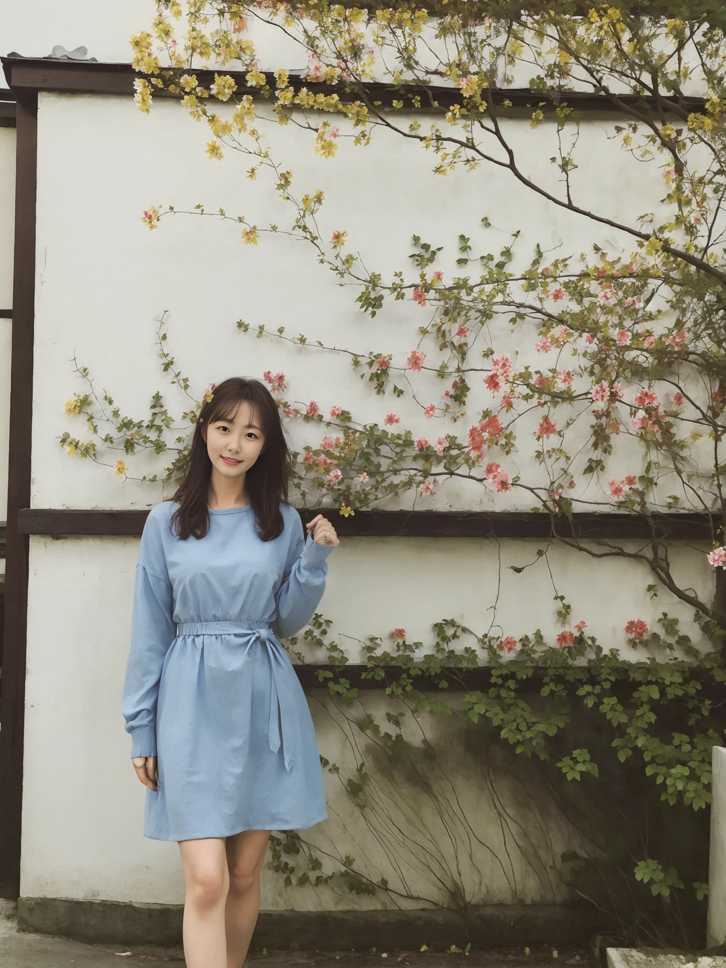 1girl,flowers,(((masterpiece,best quality))),((good structure)),((Good composition)), ((clear, original,beautiful)),,full body, outdoors, flowering shrubs, <lora:yu-light1.0:0.7> <lora:HikariAozora:1> hikariaozora