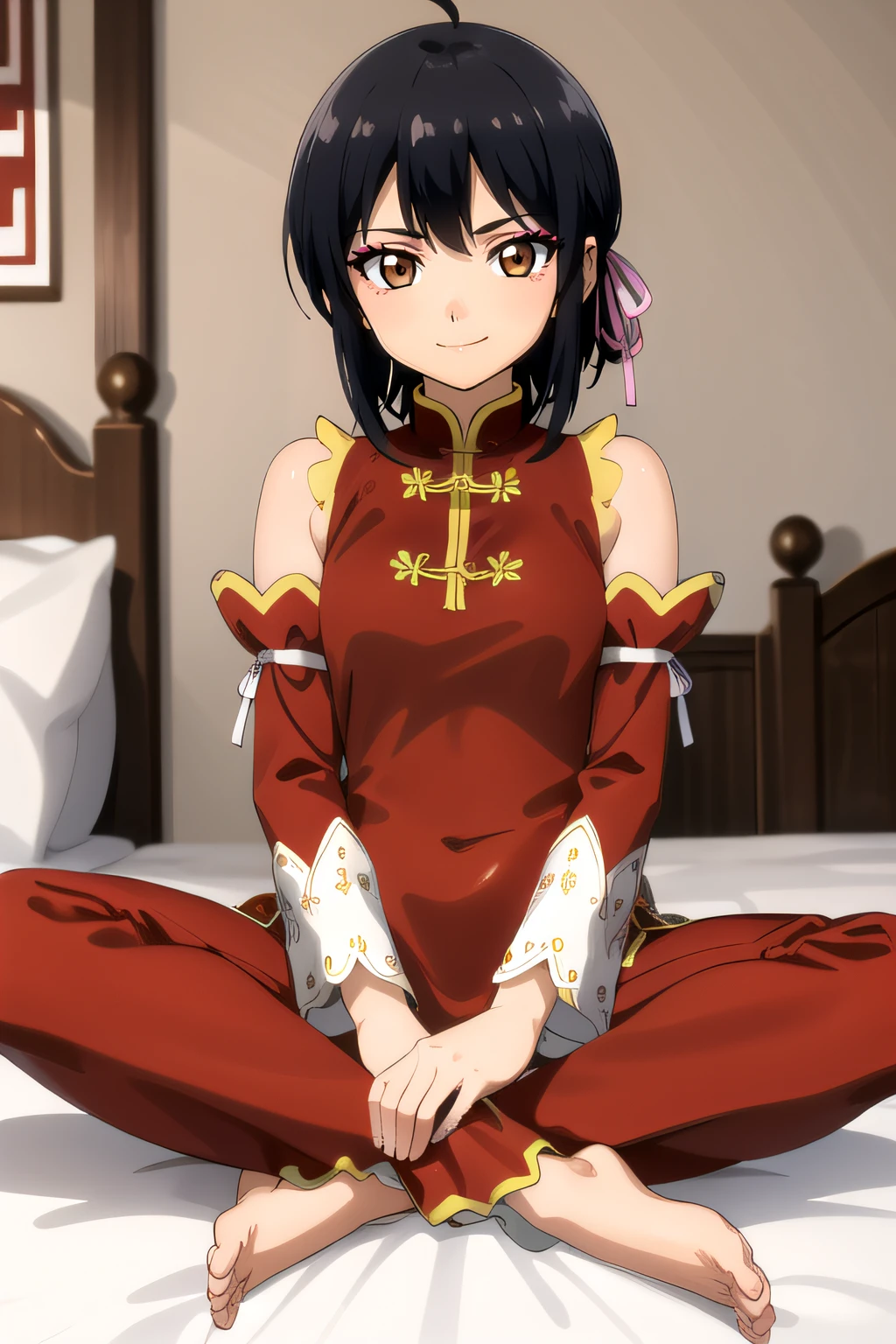 (masterpiece:1.2), best quality, high resolution, unity 8k wallpaper, (illustration), extremely detailed face, perfect lighting, extremely detailed CG, 1girl, solo, <lora:Chan_lee:0.6>, chanlee, black hair, eyeshadow, makeup, brown eyes, bangs, chinese clothes, red dress, china dress, pants, pink ribbon, detached red sleeves, looking at viewer, [beautiful detailed eyes, detailed hands:1.2, perfect hands:1.2], closed mouth, smile, full body, barefeet, sitting on bed, indian style:1.2