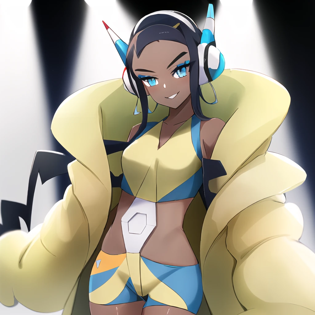 masterpiece, best quality, highly detailed, 1girl, solo, <lora:nessa_pokemon-08:0.8> (nessa_pokemon:1.3),
dark-skinned female, dark skin, blue eyes, aqua eyes, long hair, black hair, blue hair, aqua hair, multicolored hair, two-tone hair, hair bun, single hair bun, eyeshadow, seductive smile,
standing, catwalk, neon lights,
<lora:elesa_oufit_bw-04:1> (elesa_outfit_bw:1.4), yellow dress, black pantyhose, high heels, yellow high heels, headphones, cables