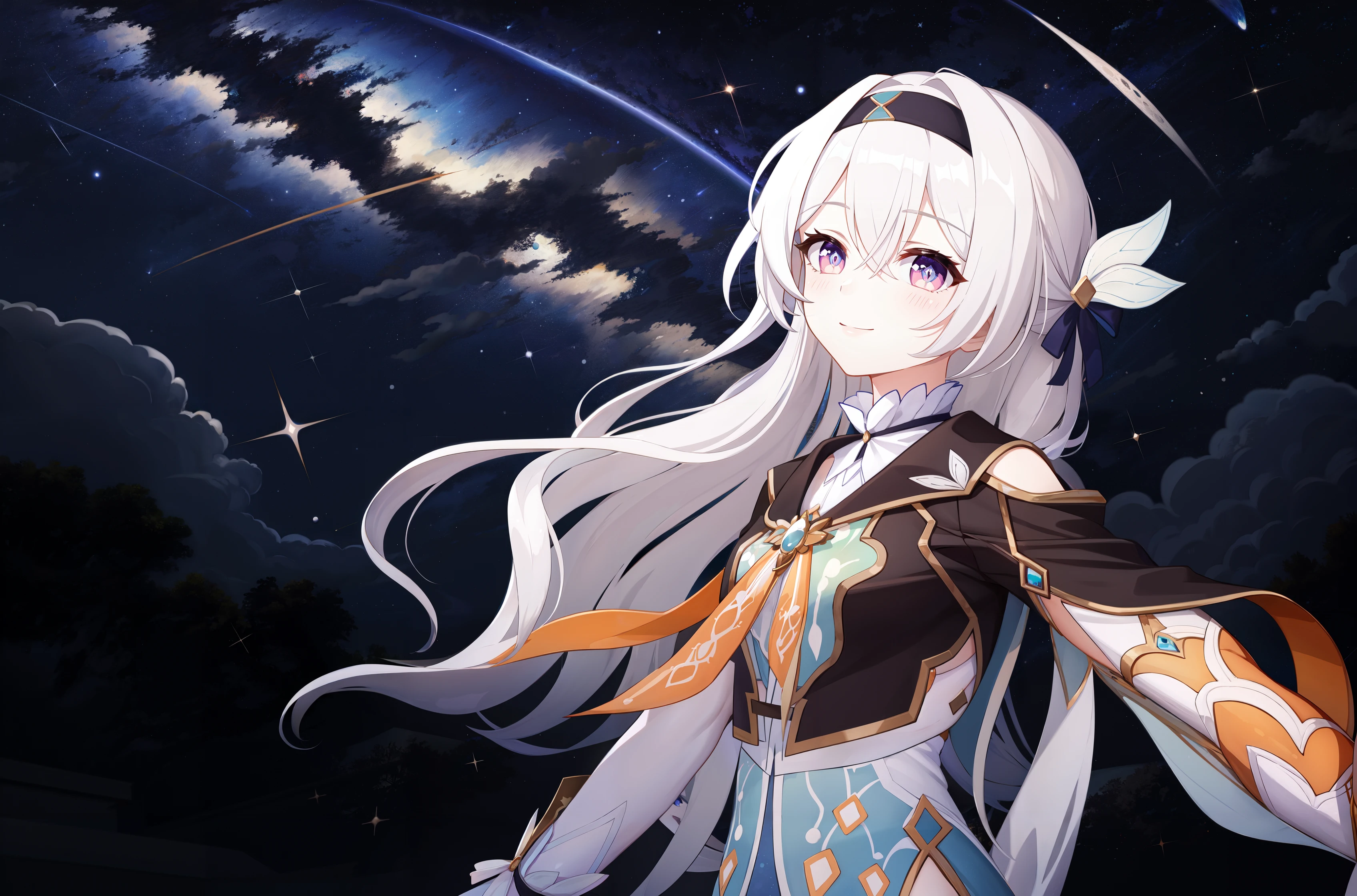 1girl,a girl named liuying,liuying,long sleeves,long hair,high quality,black hairband,(purple eyes:0.6),light smile,grey hair,bare legs,<lora:æµè¤21-000011:0.65:lbw=char>,
milky way,moon,night,night sky,outdoors,planet,purple eyes,shooting star,sky,smile,solo,space,sparkle,star \(sky\),star \(symbol\),starry background,starry sky,starry sky print,, (masterpiece,best quality:1.2),absurdres, high quality,