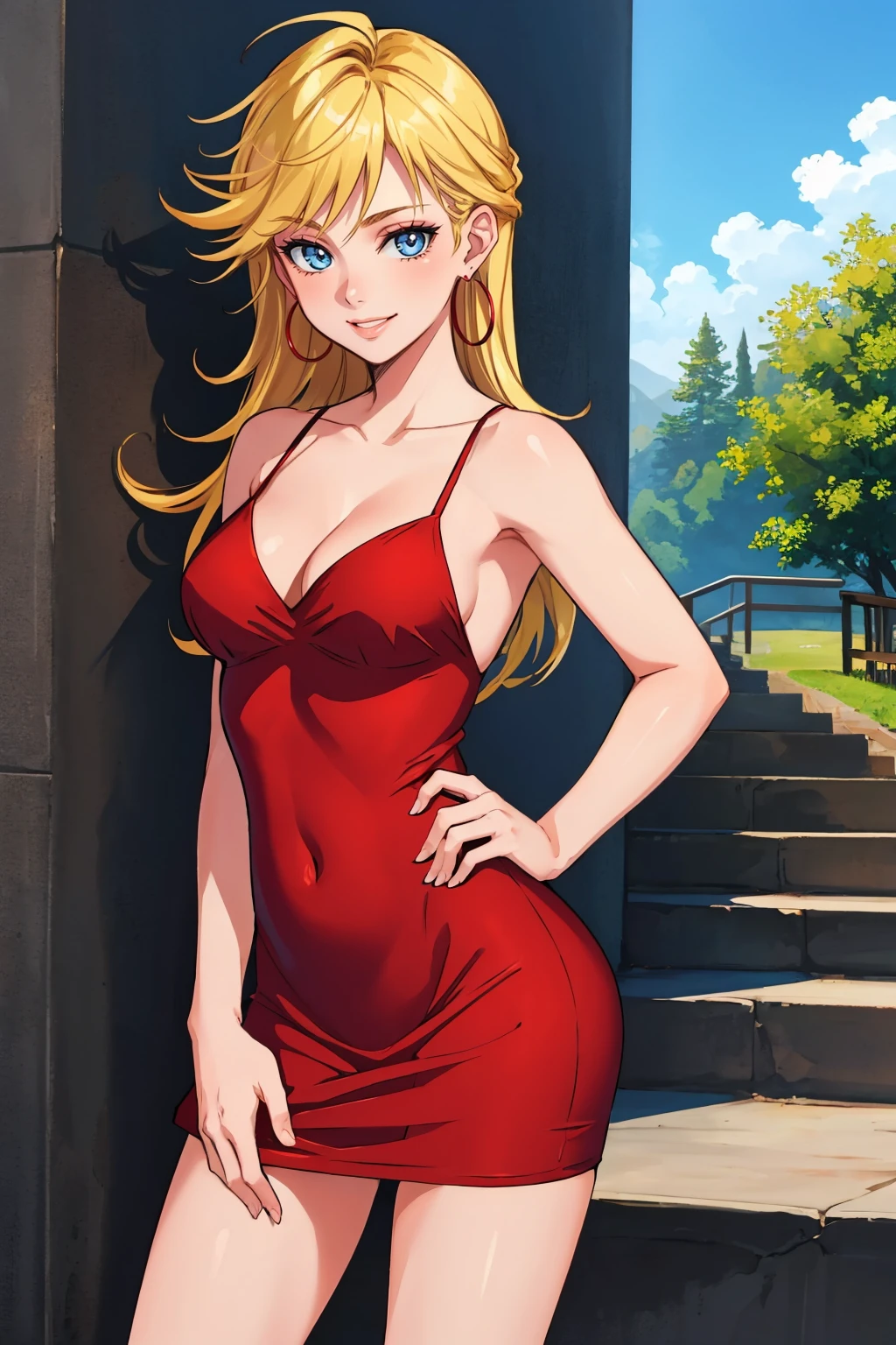 (masterpiece, best quality:1.2), solo, 1girl, psgpanty, smile, looking at viewer, contrapposto, red dress, sleeveless, hoop earrings, bare shoulders, cleavage, outdoors <lora:psg_panty:1>