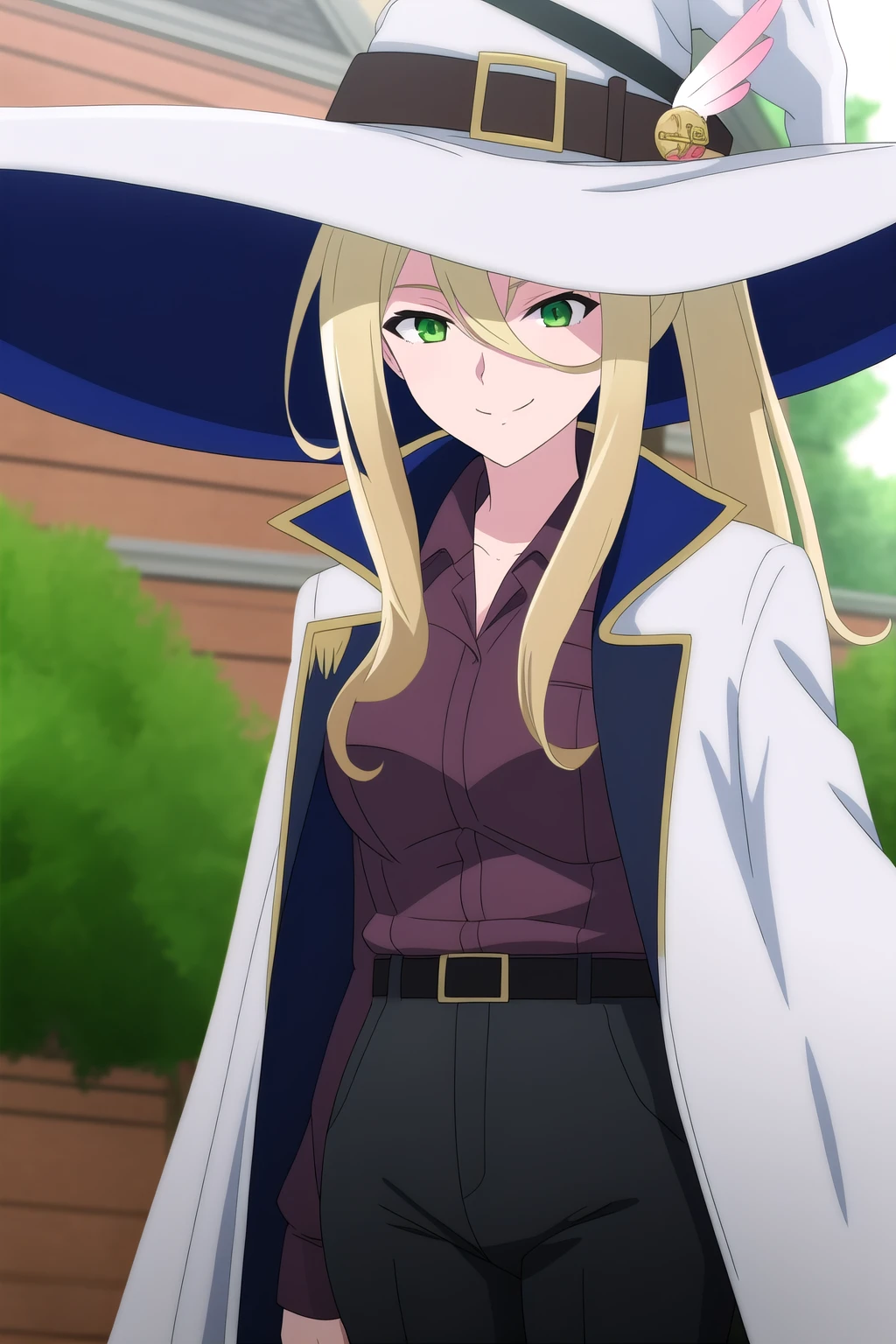 (masterpiece, best quality,) highly detailed background, perfect lightingbest quality, sheilaMnTT, solo, outdoors, witch, witch hat, hat feather, white headwear, blonde hair, ponytail, hair between eyes, bangs, long hair, green eyes, breasts, white cape, white jacket, white coat, brown shirt, collared shirt, belt, shirt tucked in, jacket on shoulders, black pants, black footwear, smile, closed mouth, <lora:Sheila_Majo-no-Tabitabi:0.7>