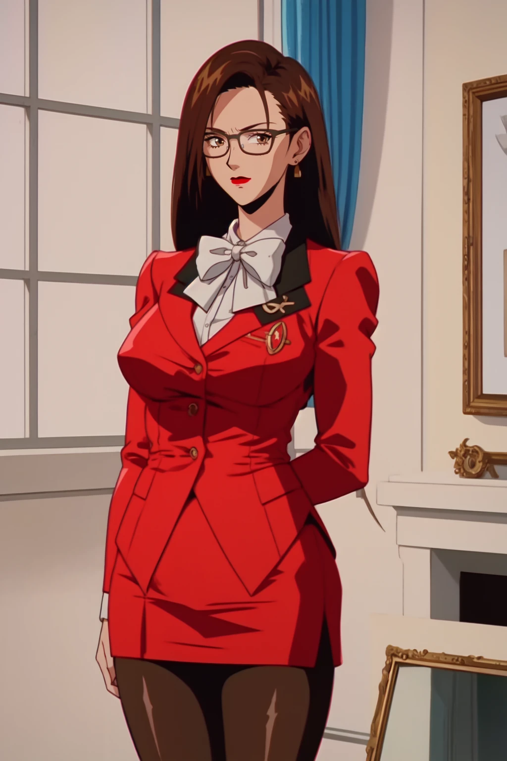 highres, high quality, intricate details, cinematic lighting, shiny,  retro artstyle,
MaiKannazuki, 1girl, mature female, solo, standing, arm at side, (hand on hip:0.8), arms at sides
(looking at viewer:1.1), closed mouth, determined,
brown hair,  (single sidelock:1.2),  brown eyes, earrings, red lips, glasses,
red blazer, bowtie, puffy long sleeves, red miniskirt, grey pantyhose,
large breasts,
indoors, luxury room, window, mansion, wall,
<lora:MaiKannazuki:1>