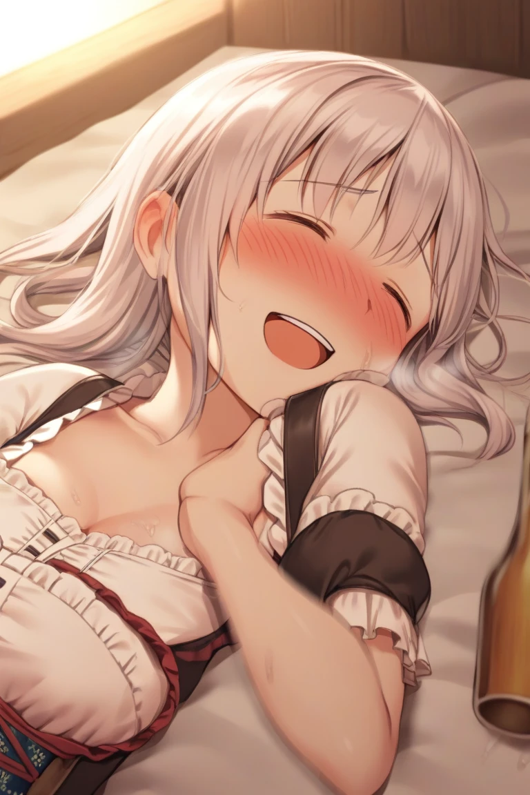 dirndl,  1girl,  solo,  unconscious,  blush,  smile,  open mouth,  upper teeth only,  drunk,<lora:EMS-294816-EMS:0.700000>