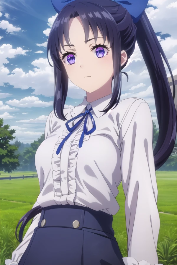 fraurem, <lora:fraurem s1-lora-nochekaiser:1>,
fraurem, long hair, black hair, bow, (purple eyes:1.1), ponytail, hair bow, sidelocks,
BREAK skirt, shirt, long sleeves, ribbon, white shirt, blue skirt, neck ribbon, blue ribbon, high-waist skirt, long skirt, white shirt,
BREAK outdoors, farm, crops, plants, trees, grass, sun, sky, clouds,
BREAK looking at viewer, (cowboy shot:1.5)
BREAK <lyco:GoodHands-beta2:1>, (masterpiece:1.2), best quality, high resolution, unity 8k wallpaper, (illustration:0.8), (beautiful detailed eyes:1.6), extremely detailed face, perfect lighting, extremely detailed CG, (perfect hands, perfect anatomy),