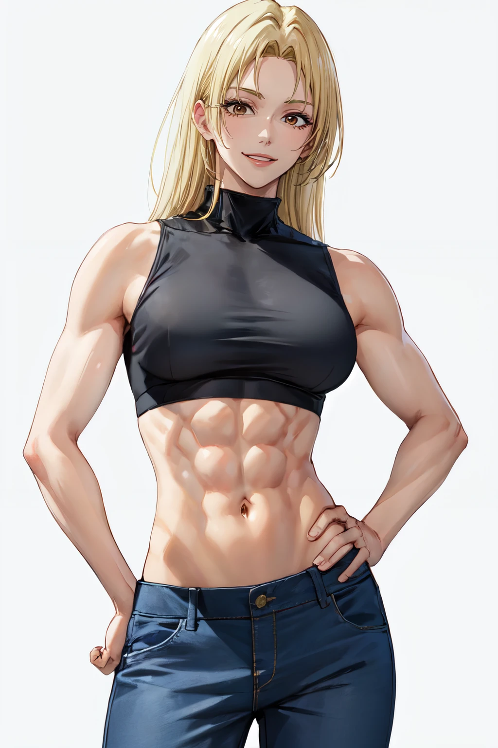 yukitsukumo,brown eyes, blonde hair,  1girl, muscular female, solo, abs, muscular, pants, smile, breasts, simple background, sleeveless, hand on hip, white background, large breasts, crop top, looking at viewer, midriff, navel<lora:yuki_tsukumo_v1:1>