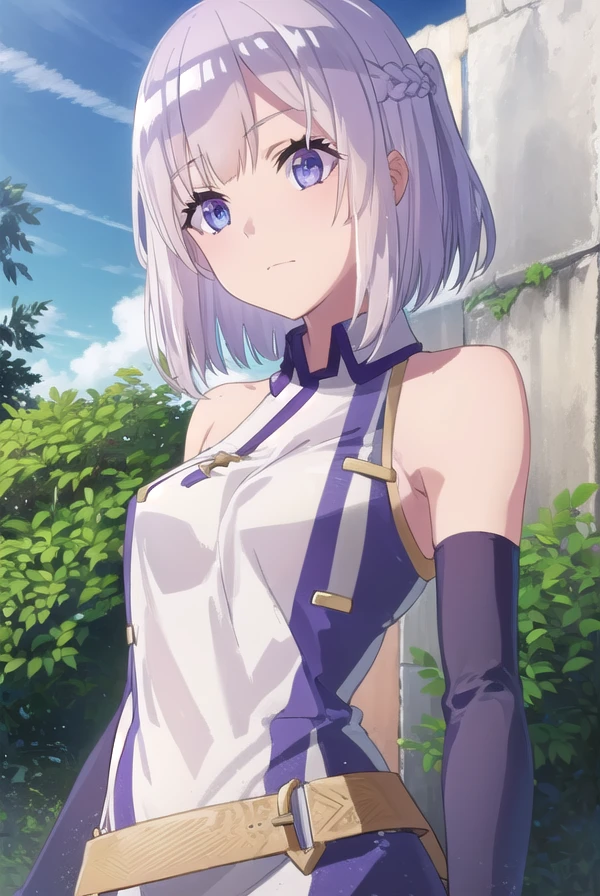 farmingisekaihakuren, <lora:farming isekai hakuren s1-lora-nochekaiser:1>,
hakuren, short hair, (purple eyes:1.1), braid, grey hair,
BREAK gloves, bare shoulders, sleeveless, black gloves, elbow gloves, chinese clothes,
BREAK outdoors, farm, crops, plants, trees, grass, sun, sky, clouds,
BREAK looking at viewer, (cowboy shot:1.5)
BREAK <lyco:GoodHands-beta2:1>, (masterpiece:1.2), best quality, high resolution, unity 8k wallpaper, (illustration:0.8), (beautiful detailed eyes:1.6), extremely detailed face, perfect lighting, extremely detailed CG, (perfect hands, perfect anatomy),