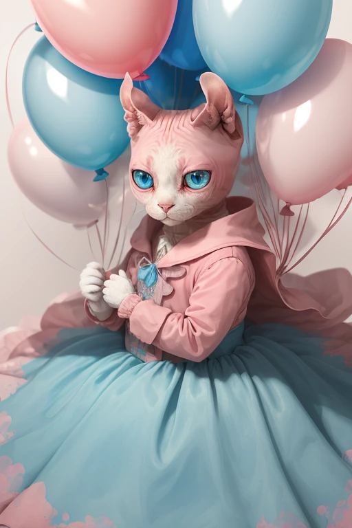 a whimsical picture of a hairless dwelf cat, painted in a royal portrait, beautiful gown, human body, cat head,  (dwelf), (dwelf ears), curly ears, magical light blue eyes, Adorable,  cute, 8k, thick, chubby, fat, (masterpiece), bubbles, bokah, saturated, colorful, perfect composition, (a lot of pink and blue balloons), shiny, glossy, pastel color palette, pastel pink, pastel blue, white, <lora:Rosie:1>    <lora:ClothingAdjuster3:-1>