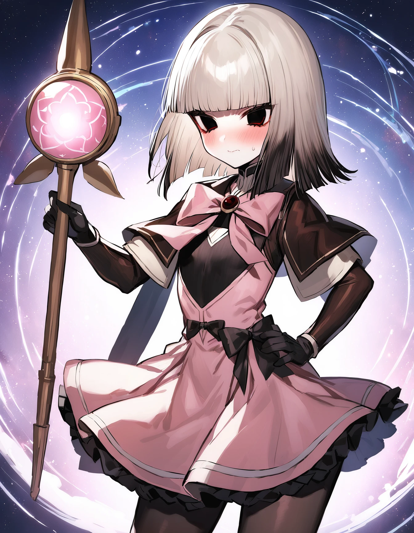 1girl,sen no rikyu \(fate\), fate/grand order,(black eyes:1.1),multicolored hair,medium hair ,(japanese clothes,kimono,black headwear:-1.0),(flat chest:1.2),embarrassed ,blush,holding wand,magical girl,brooch,pink frilled bow skirt,bow tie,pantyhose,standing,magic circle,galaxy background,masterpiece,best quality<lora:sdxl-flat:-0.3> <lora:xl-fgo-rikyu9:1.1>