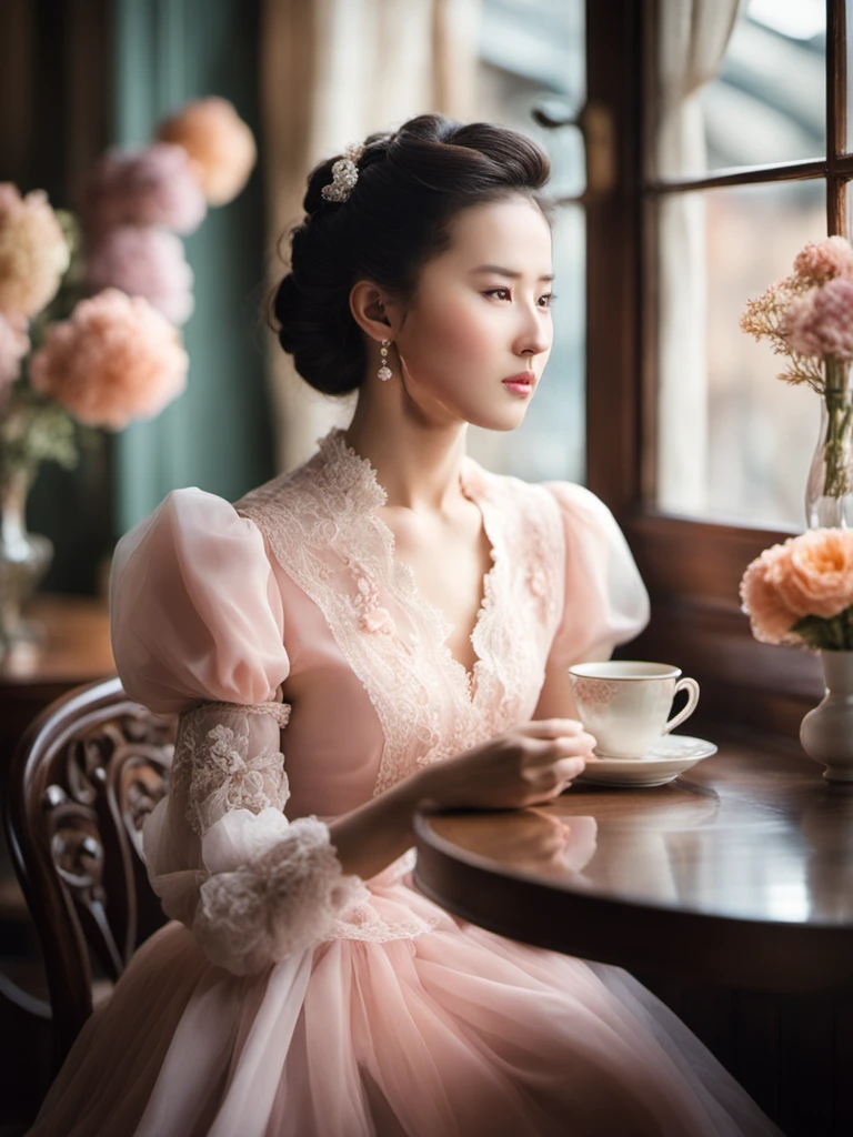 <lora:liuyifei_dragon_XL_8-000006:0.6> , Photorealistic image of an aesthetic liuyifei sitting in a vintage cafe, the interior filled with pastel-colored decorations and sunlight softly filtering through lace curtains. She is enjoying a cup of tea, dressed in a pastel-colored vintage outfit, exuding a sense of calm and timeless elegance. The cafe's decor, with its antique furniture and floral arrangements, complements her aesthetic perfectly. Camera: 50mm lens; Shot: medium shot; Render: high resolution, with a focus on soft, natural light, detailed textures, and a cohesive vintage pastel color scheme