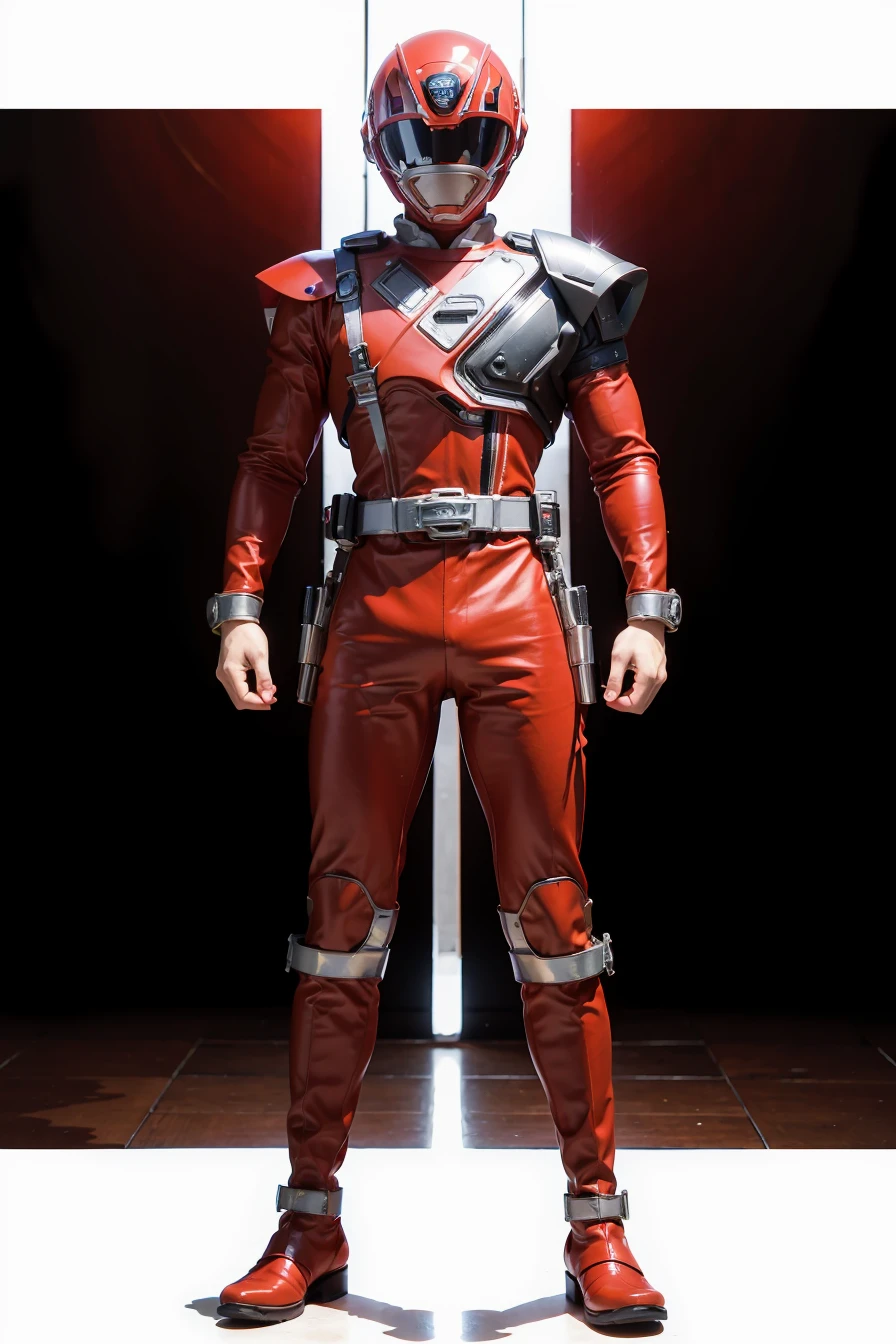 (masterpiece), best quality, perfect face, 1man, full body, (red costume), armor suit, masked, helmet, SPDPowerRanger, <lora:SPD-02:1>