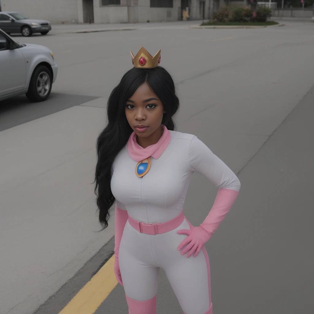 <lora:peach_mariokart_outfit:0.7> princess_peach_mariokart_outfit, woman
Long hair, ((black hair)), (african american:1.1), standing on a public street, realistic, hires, high quality, 4k, 8k, hi-res, detailed, photorealistic, clean, focused