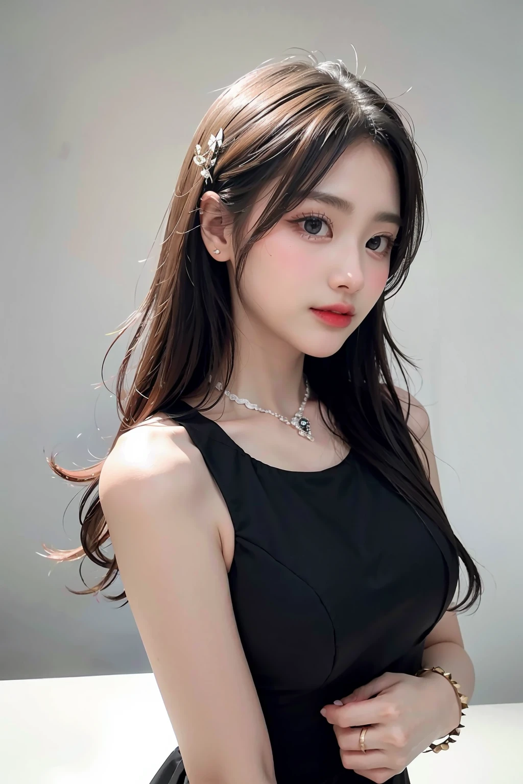 1girl, black  formal dress, white background, <lora:gygee_bnk48-02:1>