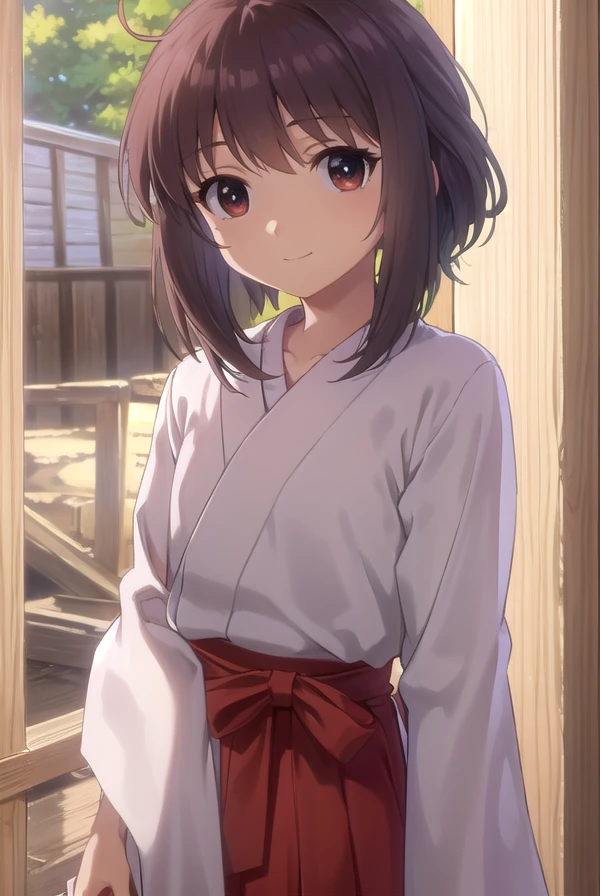 kaorukosumirekoichijou, <lora:kaoruko sumireko ichijou s1-lora-nochekaiser:1>,
kaoruko sumireko ichijou, brown hair, (brown eyes:1.5), smile,
BREAK skirt, long sleeves, japanese clothes, hakama, hakama skirt, miko, red hakama,
BREAK outdoors, shrine,
BREAK looking at viewer, (cowboy shot:1.5)
BREAK <lyco:GoodHands-beta2:1>, (masterpiece:1.2), best quality, high resolution, unity 8k wallpaper, (illustration:0.8), (beautiful detailed eyes:1.6), extremely detailed face, perfect lighting, extremely detailed CG, (perfect hands, perfect anatomy),