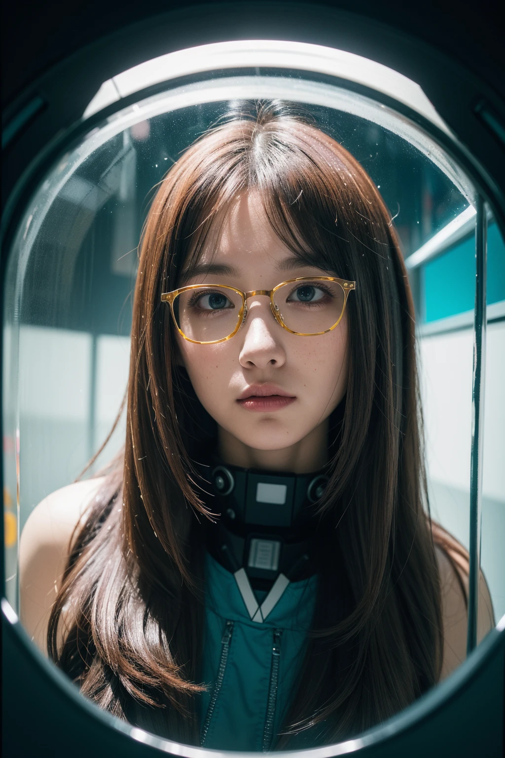 conceptual hyperaesthetic (Knee-high Portrait:1.3), analog portrait of a 20yo cute ginger girl, long hair, redhead, glasses, (looking shy:1.3), freckles, detailed face, detailed skin, photography, hq, photorealistic,, mesmerizing colorscape hair, energy-filled illustrations dress, colorful space background, glorious helmet, contrasting lights and darks, photorealistic paintings, energy-charged alien ship, (through the gigantic muddy glass:1.3), intelligent, kind, stubborn, ambitious, creative, sensitive, shy, emotional, outgoing, adventurous, colorful [polaroid] with vibrant colors, dramatic, high contrast, high saturation, vintage, faded film, film grain, red, orange, yellow, green, light blue, blue, purple, cogs, gears, vapor, mist, smog, factory, robot, opaque plastic, shiny metal, selective blur