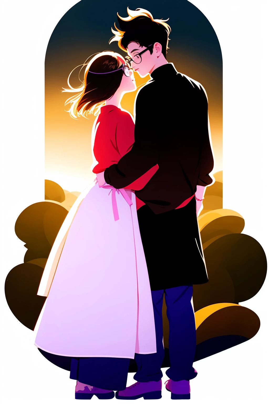 Valentine's Day,Flat,1girl AND 1boy,long hair,short hair,simple background,brown hair,shirt,black hair,white background,hetero,glasses,from behind,purple shirt,<lora:lbc_Valentine's Day:1.1>,