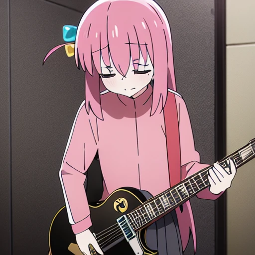 <lora:bocchi-000010:1>,bocchi,1girl,instrument,pink jacket,guitar,electric guitar,track jacket,jacket,solo,holding instrument,gibson les paul,closed eyes,skirt,holding,music,playing instrument,pleated skirt,grey skirt,closed mouth,sweat,long sleeves,