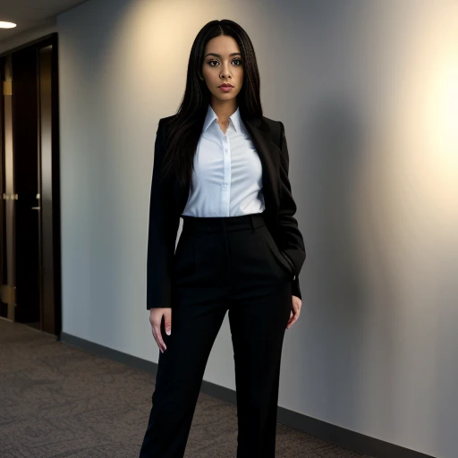 business photo of full body shot of a portrait of amanda_breden, pants, black attire <lora:amanda_breden:1>. Whole outfit, clear, sharp, balanced. Professional attire, workplace setting, confident<lora:lcm-lora-sd15:1.0>