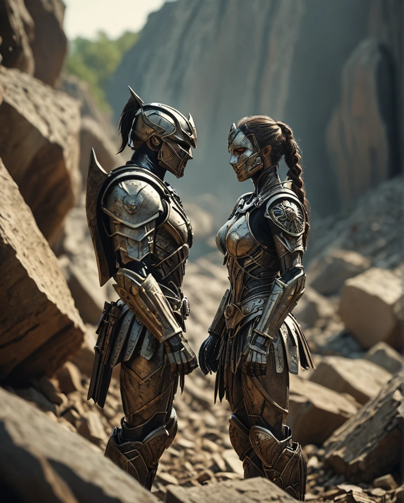 hyper detailed, Warrior ("Whenever, wherever, we're meant to be together.":1.1) , inside a Quarry, flora, Bokeh, Evil, hard light, nature, intricate
