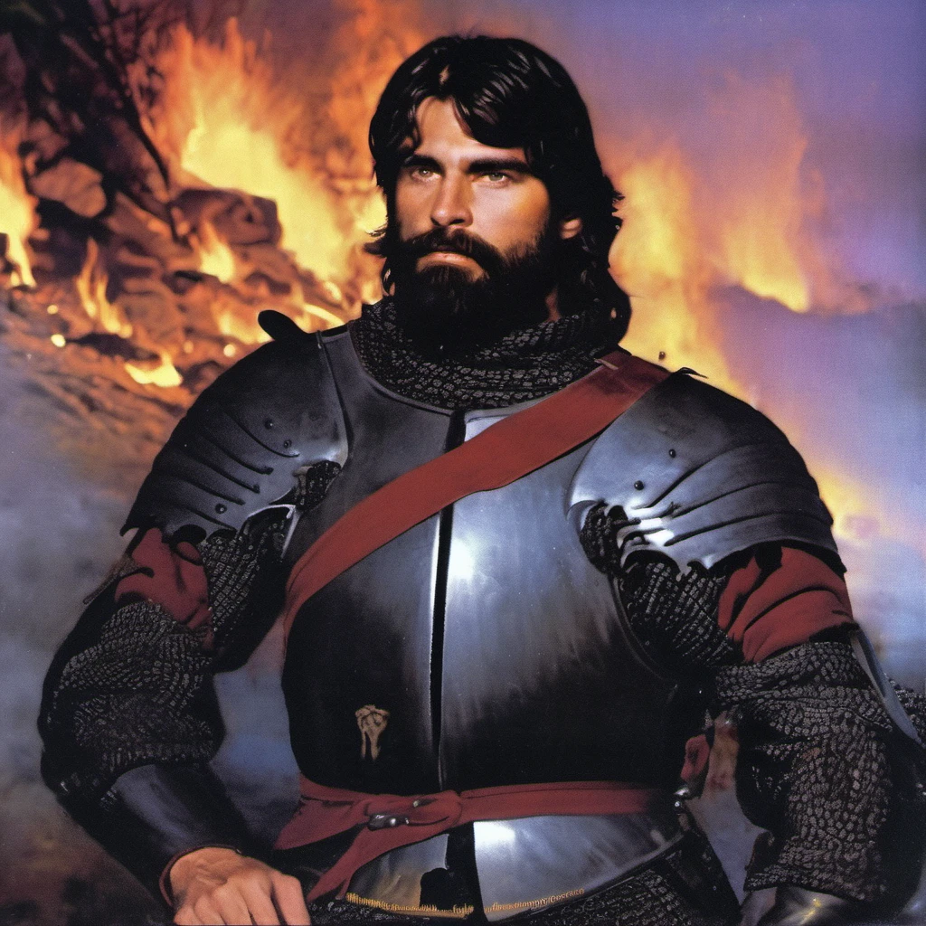 Corluka, gothic armor, pale skin, upper part in frame, knight male, near the bonefire, black beard, thick beard, medieval clothing, dark clothes, long sleeves, short hair, sitting near bonefire, face with wrinkles, bruises under the eyes, night dark forest, starry sky, (((film grain))), (warm colors), 1990s fantasy art, (by Jeff Easy, by Julie Bell), solo, 1man <lora:corluka_sdzl:1> <lora:gothic armor:1>