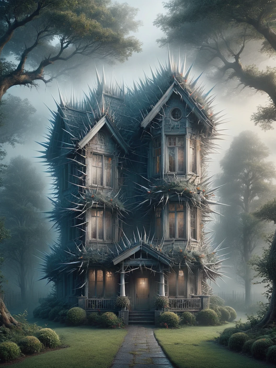 ais-thrny house, surrounded by mysterious trees and an eerie mist  <lora:ais-thrny-sdxl:1>