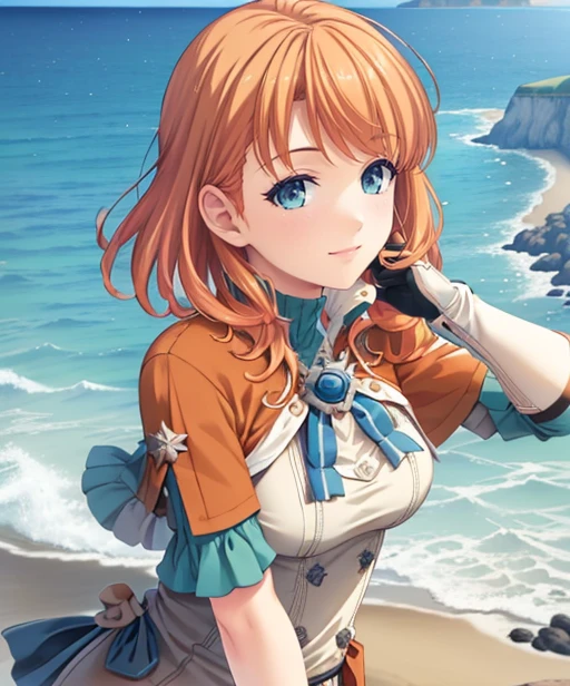 portrait, (adult woman), (1girl, solo), smile, (orange hair), ((coast, bay, cliffs, ocean)), (distant castle on a cliff), ((best quality, high detail)), ((masterpiece)), <lora:Annette_FE:0.7> (annette_war), medium hair, caplet, gloves, dress, <lora:1_k-ko_15e:1>