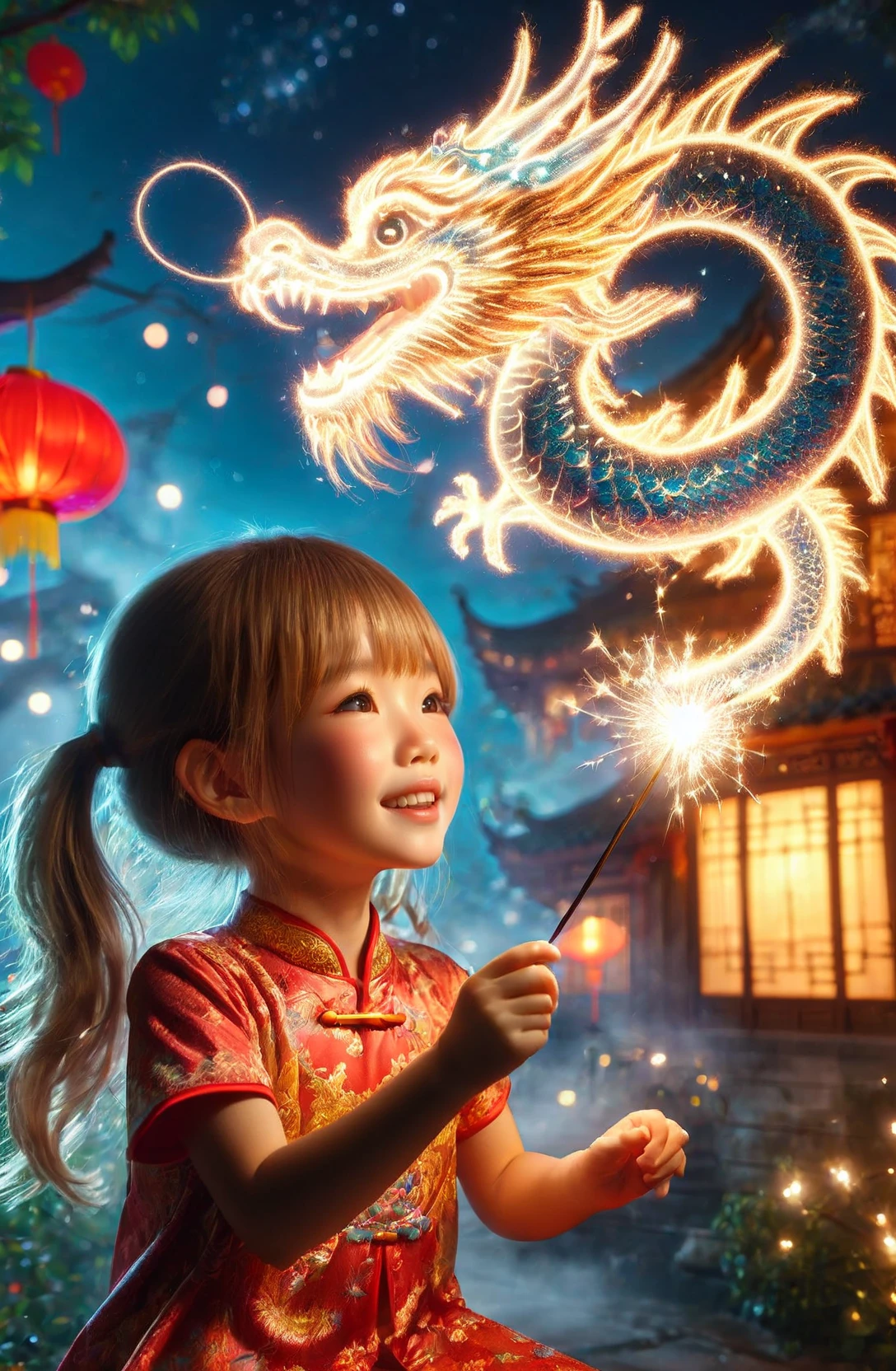 amazing quality, masterpiece, best quality, hyper detailed, ultra detailed, UHD, DOF, depth of field, HDR, perfect anatomy
solo, cute, kawaii, brown hair, joyfully plays with fairy wand, waving it in the air, red lantern,( blond hair:1.2), wearing (yellow:1.2) cheongsam, milky way,
a small cfc-spark-dragon above the fairy wand, translucent, dazzling, shine, sparking, trajectory of sparks,
<lora:cfc-spark-dragon-000006:0.75>,
<lora:ral-lnrnwyr-sdxl:0.5>, ral-lnrnwyr,
<lora:add-detail-xl:0.8>,
<lora:extremely_detailed:0.8>, extremely detailed,
<lora:EnvyBetterHiresFixXL01:1.0>,
<lora:DonM3t3rn1tyXL-v1.1-000008:0.6>, DonM3t3rn1tyXL,
SK_Fantasy,