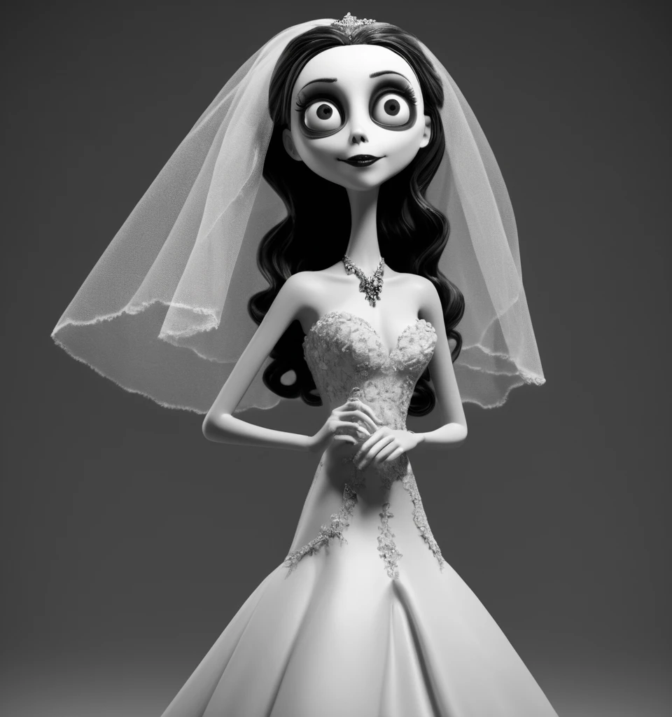 	Illustration by Tim Burton,(((animation 3d in Tim Burton Style:1,happy,sexy:1,grayscale))), supermodel,solo,wedding dress,,wedding veil,terror (theme),at the goth church