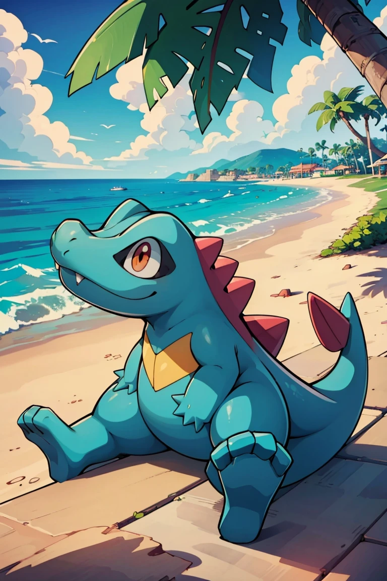 ((masterpiece,best quality)), absurdres, <lora:Totodile_Pokemon_v2:0.8>, totodile, animal focus,
outdoors, sunny, pokemon (creature), closed mouth, relaxing, sitting,
<lora:Delfino_Plaza:0.3>, Delfino_Plaza, palm tree, ocean in background,
