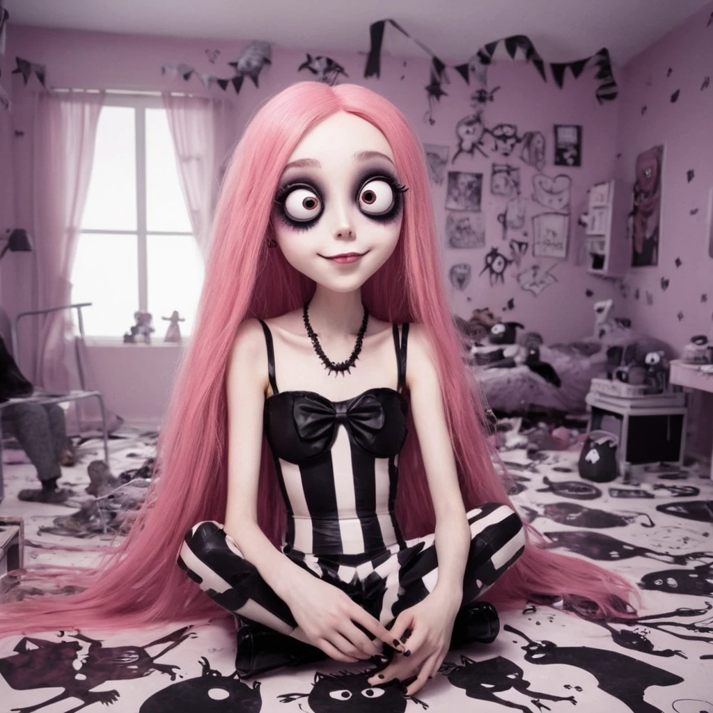 Illustration by Tim Burton,(((photo in Tim Burton Style:1,happy,sexy:1))), 1girl kawaii style,solo,long straight pink hair,happy,sitting,heels,terror (theme),ib a messy room