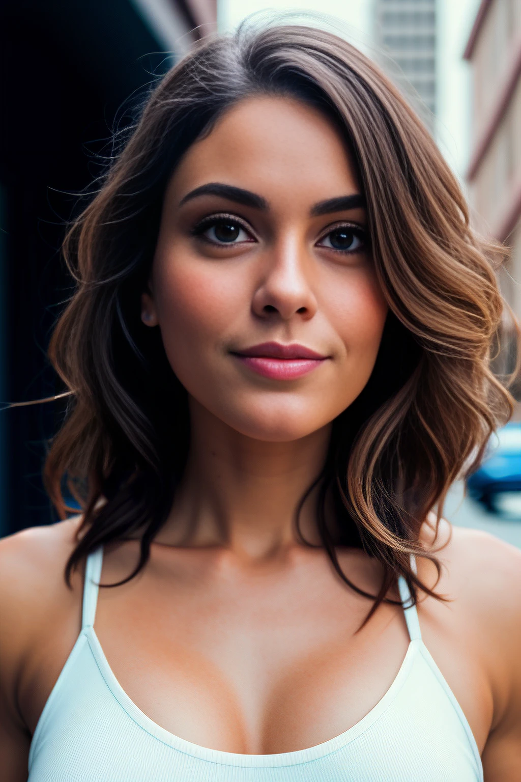 (face closeup portrait:1.5), gorgeous cute adorable female, ripped extremey lean physique, trim ripped waist, wearing a classy fashionable outfit, fancy low rise jeans, in a city downtown, 8k, epic composition, intricate details, photorealistic