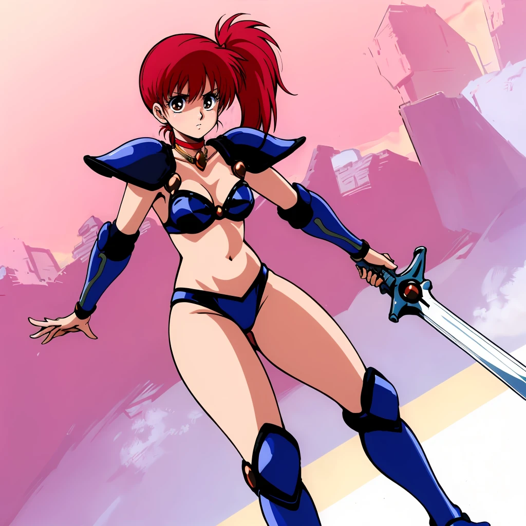 <lora:YohkoAsagiri001:0.7>,looking at viewer,
solo,
YohkoAsagiri,1girl,red hair,Side ponytail,brown eyes,
choker,
shoulder armor,bikini_armor,
arm armor,
armored boots,
sword,