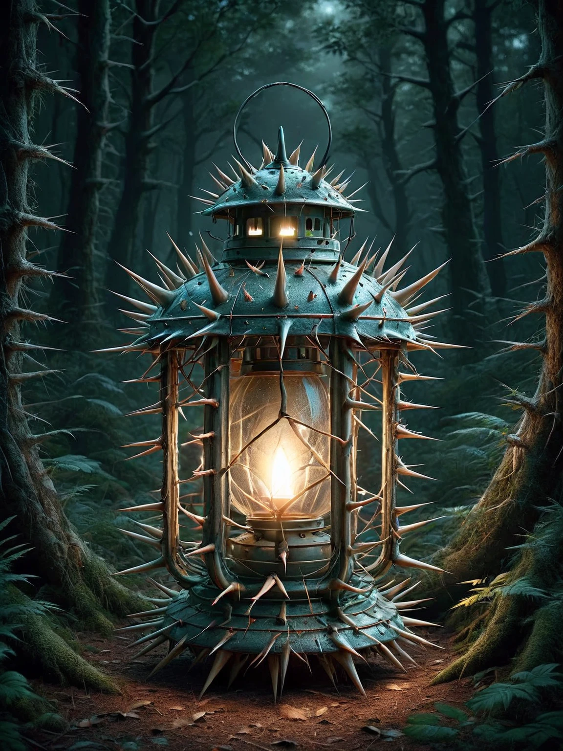 ais-thrny lantern, glowing in a dark forest <lora:ais-thrny-sdxl:1>