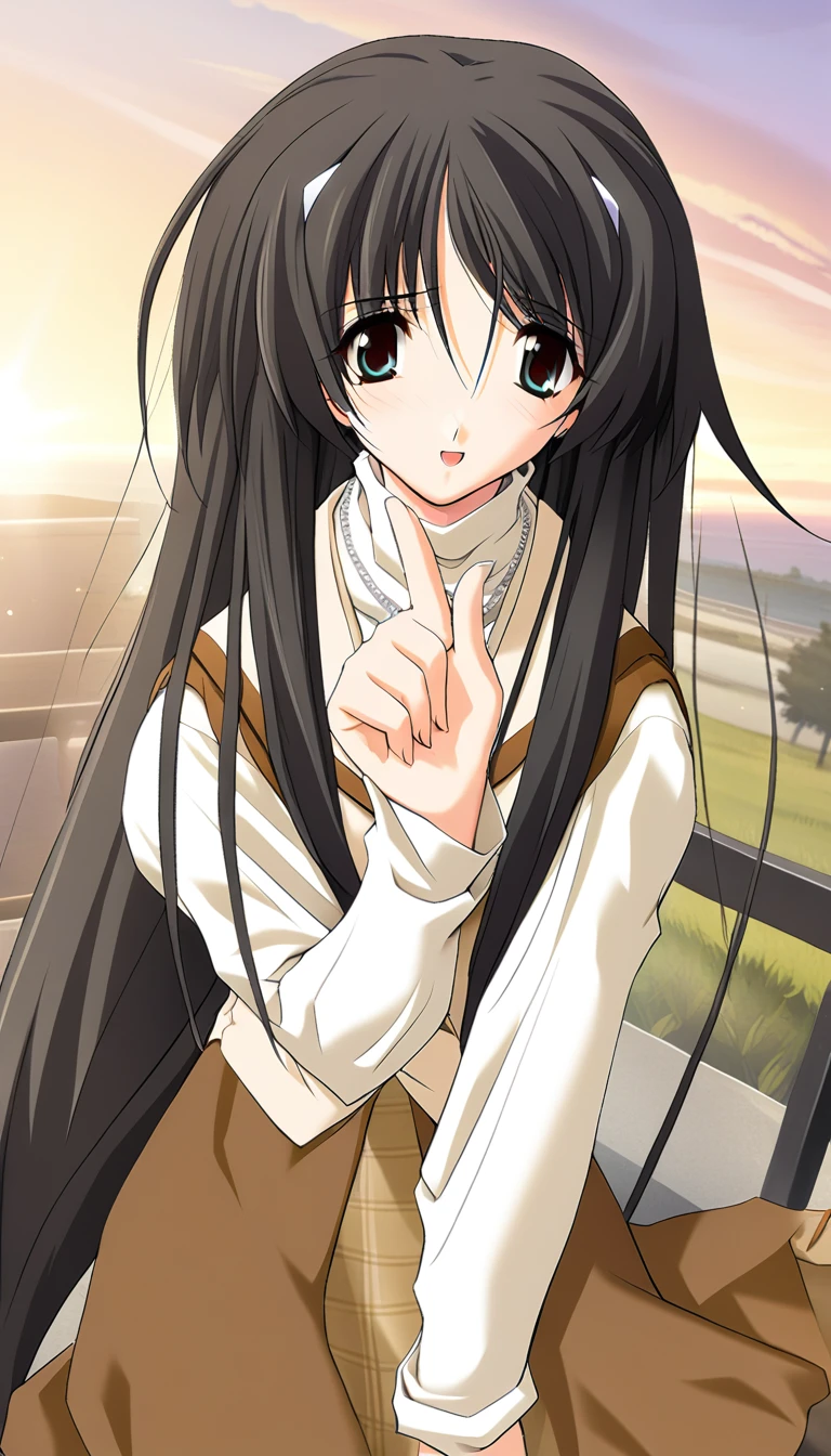 1girl,Misasagi Inori,Guessing time,hairclip,index finger raised,brown dress,vest,white turtleneck,white sleeves,day,outdoor,sunset,necklace,plaid,masterpiece,solo,best quality,game cg,(illustration:1.2),(extremely fine and beautiful),(perfect details),(unity CG 8K wallpaper:1.05),(ray tracing),(beautiful and clear background:1.25),(depth of field:0.6). (detailed beautiful eyes:1.2),(beautiful face:1.2),<lora:inori:1>,