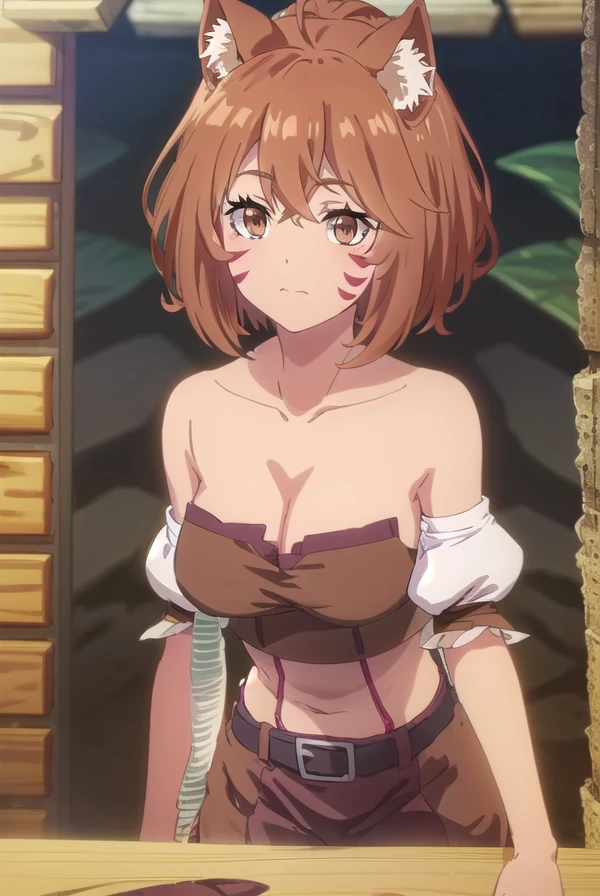 farmingisekaisenna, <lora:farming isekai senna s1-lora-nochekaiser:1>,
senna, short hair, brown hair, animal ears, (brown eyes:1.5), cat ears, facial mark,
BREAK cleavage, bare shoulders, collarbone, belt,
BREAK outdoors, farm, crops, plants, trees, grass, sun, sky, clouds,
BREAK looking at viewer, (cowboy shot:1.5)
BREAK <lyco:GoodHands-beta2:1>, (masterpiece:1.2), best quality, high resolution, unity 8k wallpaper, (illustration:0.8), (beautiful detailed eyes:1.6), extremely detailed face, perfect lighting, extremely detailed CG, (perfect hands, perfect anatomy),