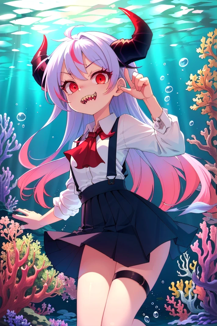 (best quality, masterpiece, hires), <lora:Arco_-_Marco_and_the_Galaxy_Dragon:0.8>, Arco, 1girl, lilac hair, dip dye, multicolored hair, red eyes, horns, toon, skirt, suspender skirt, ascot, red ascot, sharp teeth, underwater