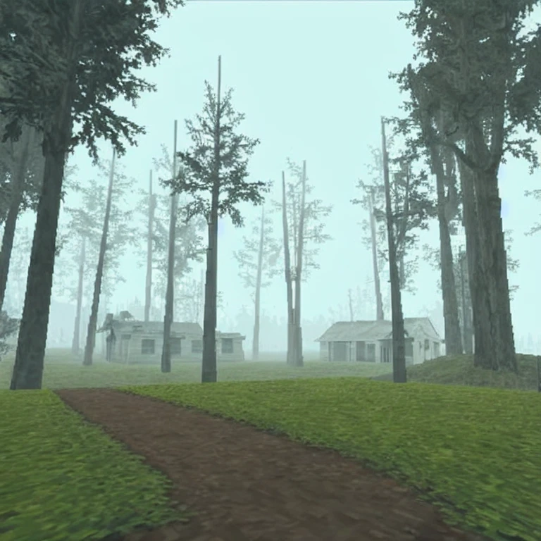 <lora:ps1retropoly:0.8>, playstationretrov1, lowpoly, deep forest and muddy road, rainy, fog