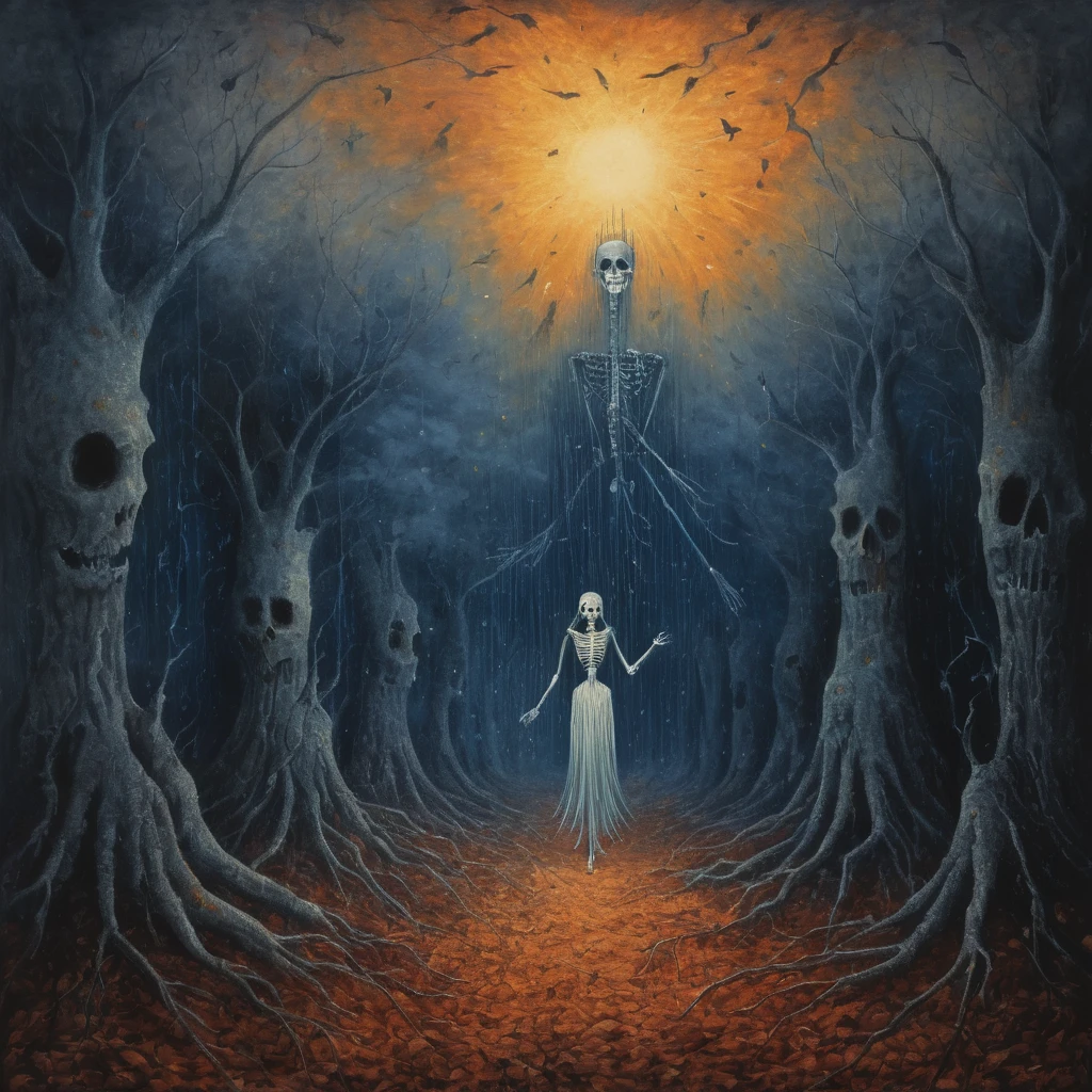 (((Old oil Painting by R3m3diosVaro ,surrealism:1,terror (theme),surreal:1))),the most beautiful soul in a blue forest,raining,dancing with a skeleton,happy,embers,tons of ghost